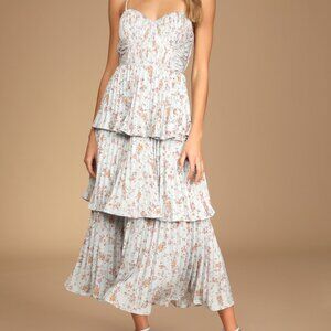 Lulus Cascading Crush Pale Blue Floral Print Tiered Bustier Midi Dress - Size M